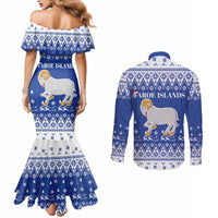 Faroe Islands Christmas Couples Matching Mermaid Dress and Long Sleeve Button Shirt Coat Of Arms Xmas Patterns - Wonder Print Shop