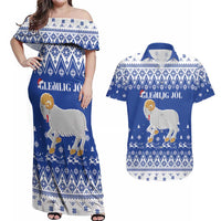 Faroe Islands Christmas Couples Matching Off Shoulder Maxi Dress and Hawaiian Shirt Coat Of Arms Xmas Patterns - Wonder Print Shop