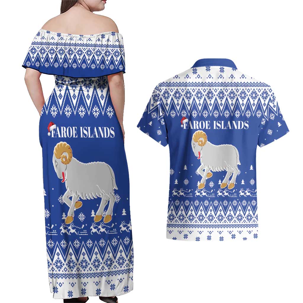 Faroe Islands Christmas Couples Matching Off Shoulder Maxi Dress and Hawaiian Shirt Coat Of Arms Xmas Patterns - Wonder Print Shop