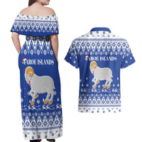 Faroe Islands Christmas Couples Matching Off Shoulder Maxi Dress and Hawaiian Shirt Coat Of Arms Xmas Patterns - Wonder Print Shop