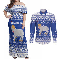 Faroe Islands Christmas Couples Matching Off Shoulder Maxi Dress and Long Sleeve Button Shirt Coat Of Arms Xmas Patterns - Wonder Print Shop