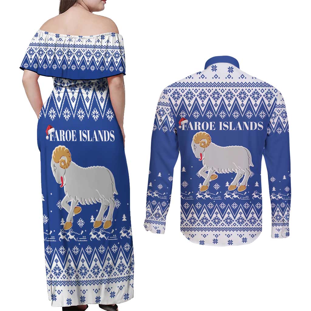 Faroe Islands Christmas Couples Matching Off Shoulder Maxi Dress and Long Sleeve Button Shirt Coat Of Arms Xmas Patterns - Wonder Print Shop