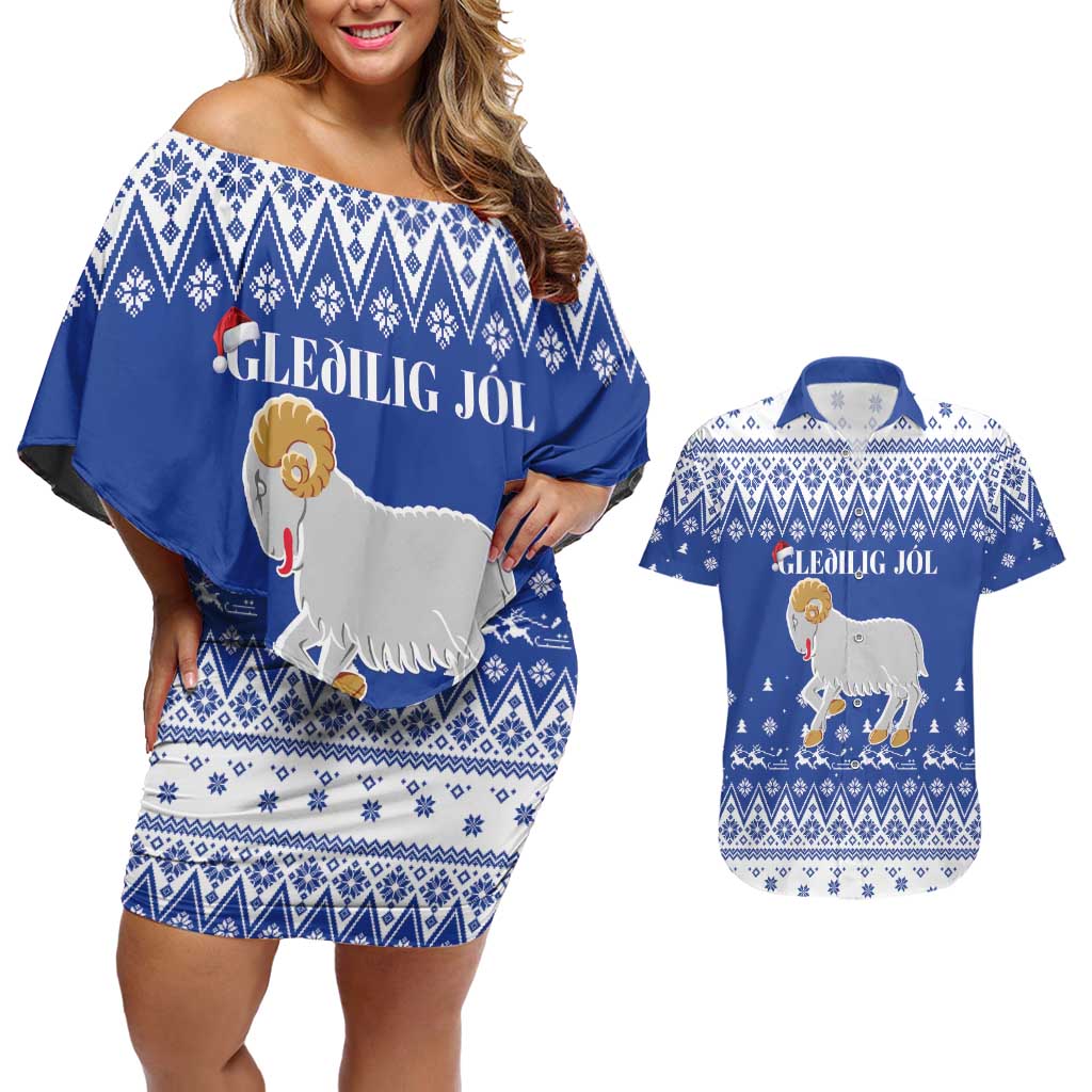 Faroe Islands Christmas Couples Matching Off Shoulder Short Dress and Hawaiian Shirt Coat Of Arms Xmas Patterns - Wonder Print Shop