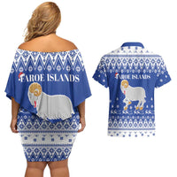 Faroe Islands Christmas Couples Matching Off Shoulder Short Dress and Hawaiian Shirt Coat Of Arms Xmas Patterns - Wonder Print Shop