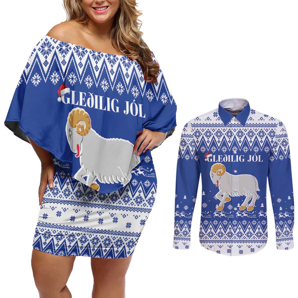 Faroe Islands Christmas Couples Matching Off Shoulder Short Dress and Long Sleeve Button Shirt Coat Of Arms Xmas Patterns - Wonder Print Shop