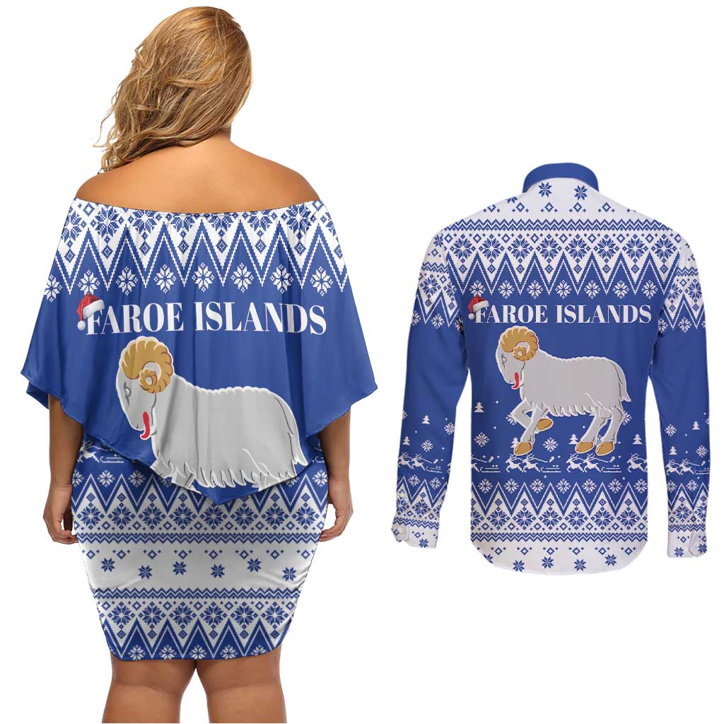 Faroe Islands Christmas Couples Matching Off Shoulder Short Dress and Long Sleeve Button Shirt Coat Of Arms Xmas Patterns - Wonder Print Shop