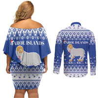 Faroe Islands Christmas Couples Matching Off Shoulder Short Dress and Long Sleeve Button Shirt Coat Of Arms Xmas Patterns - Wonder Print Shop
