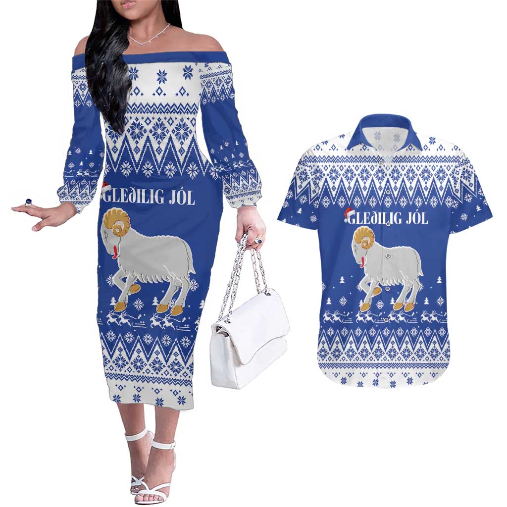 Faroe Islands Christmas Couples Matching Off The Shoulder Long Sleeve Dress and Hawaiian Shirt Coat Of Arms Xmas Patterns - Wonder Print Shop