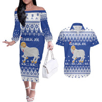 Faroe Islands Christmas Couples Matching Off The Shoulder Long Sleeve Dress and Hawaiian Shirt Coat Of Arms Xmas Patterns - Wonder Print Shop