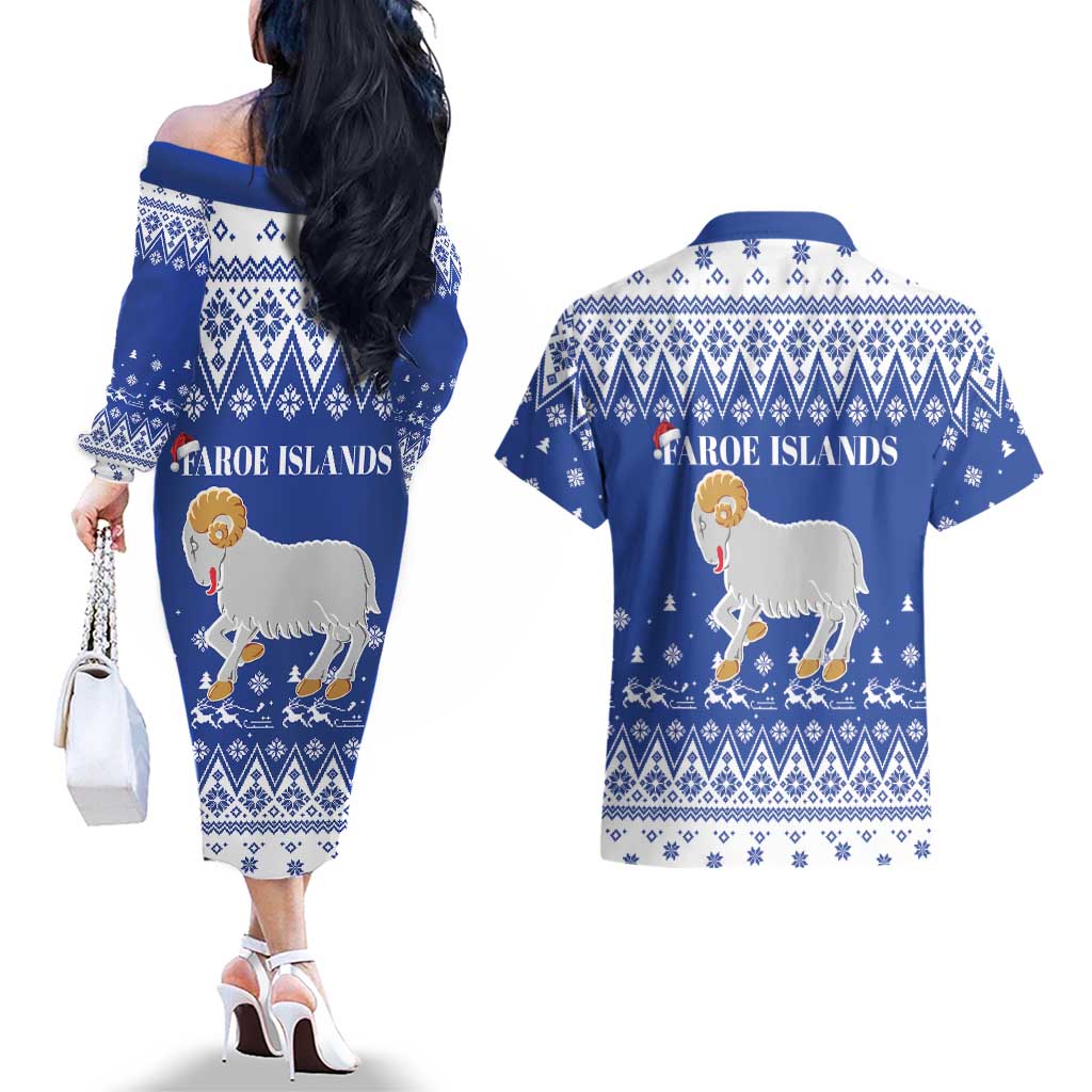 Faroe Islands Christmas Couples Matching Off The Shoulder Long Sleeve Dress and Hawaiian Shirt Coat Of Arms Xmas Patterns - Wonder Print Shop