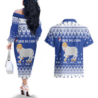 Faroe Islands Christmas Couples Matching Off The Shoulder Long Sleeve Dress and Hawaiian Shirt Coat Of Arms Xmas Patterns - Wonder Print Shop