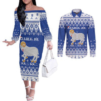 Faroe Islands Christmas Couples Matching Off The Shoulder Long Sleeve Dress and Long Sleeve Button Shirt Coat Of Arms Xmas Patterns - Wonder Print Shop