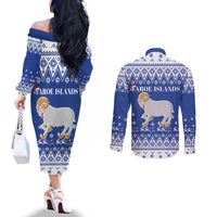 Faroe Islands Christmas Couples Matching Off The Shoulder Long Sleeve Dress and Long Sleeve Button Shirt Coat Of Arms Xmas Patterns - Wonder Print Shop