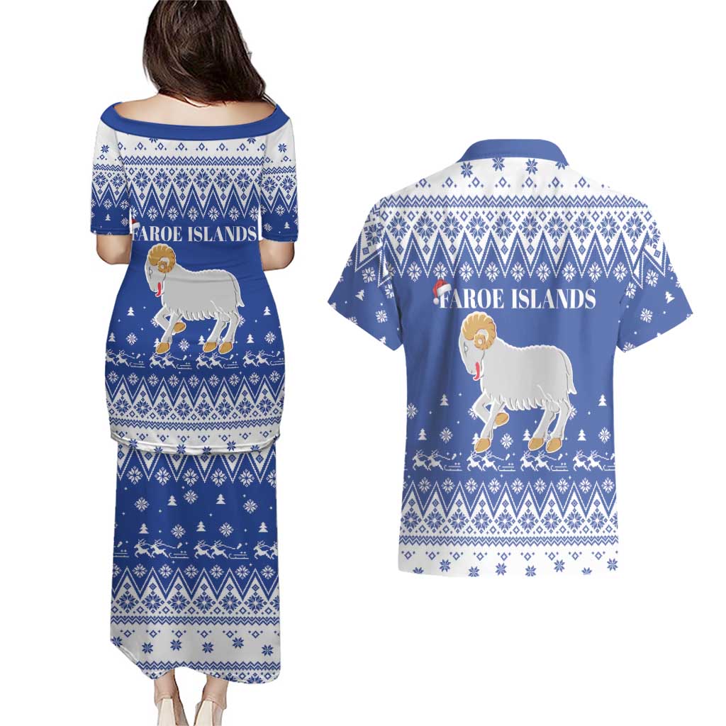 Faroe Islands Christmas Couples Matching Puletasi and Hawaiian Shirt Coat Of Arms Xmas Patterns - Wonder Print Shop