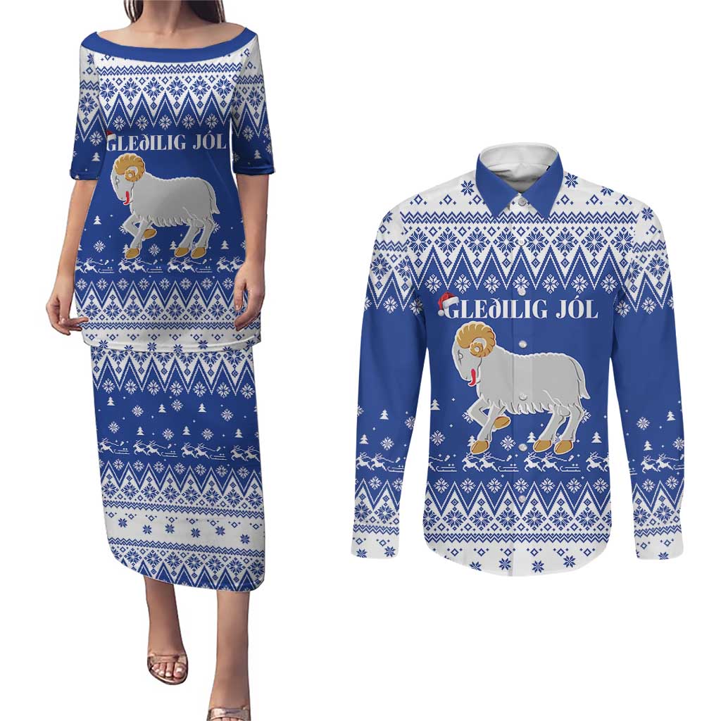 Faroe Islands Christmas Couples Matching Puletasi and Long Sleeve Button Shirt Coat Of Arms Xmas Patterns - Wonder Print Shop