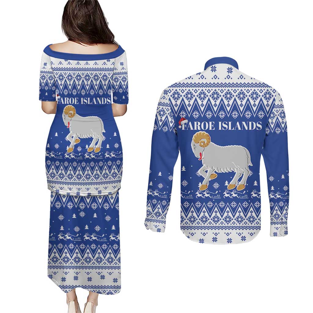 Faroe Islands Christmas Couples Matching Puletasi and Long Sleeve Button Shirt Coat Of Arms Xmas Patterns - Wonder Print Shop