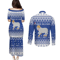 Faroe Islands Christmas Couples Matching Puletasi and Long Sleeve Button Shirt Coat Of Arms Xmas Patterns - Wonder Print Shop