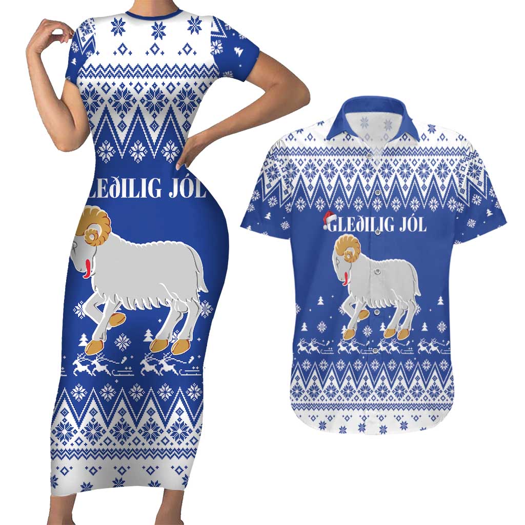 Faroe Islands Christmas Couples Matching Short Sleeve Bodycon Dress and Hawaiian Shirt Coat Of Arms Xmas Patterns - Wonder Print Shop