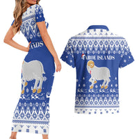 Faroe Islands Christmas Couples Matching Short Sleeve Bodycon Dress and Hawaiian Shirt Coat Of Arms Xmas Patterns - Wonder Print Shop