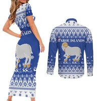 Faroe Islands Christmas Couples Matching Short Sleeve Bodycon Dress and Long Sleeve Button Shirt Coat Of Arms Xmas Patterns - Wonder Print Shop