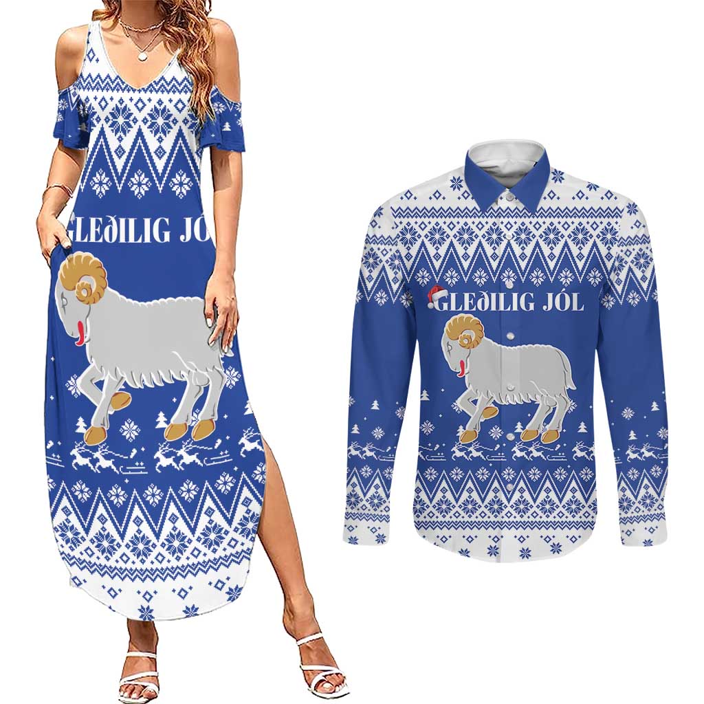 Faroe Islands Christmas Couples Matching Summer Maxi Dress and Long Sleeve Button Shirt Coat Of Arms Xmas Patterns - Wonder Print Shop