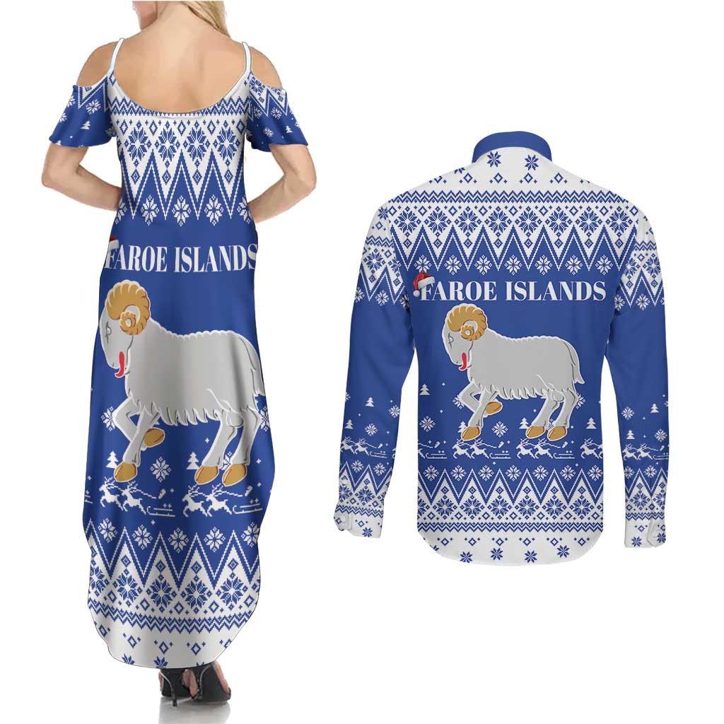 Faroe Islands Christmas Couples Matching Summer Maxi Dress and Long Sleeve Button Shirt Coat Of Arms Xmas Patterns - Wonder Print Shop