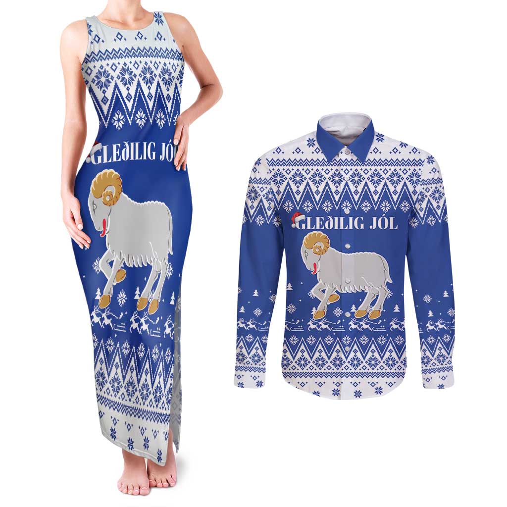 Faroe Islands Christmas Couples Matching Tank Maxi Dress and Long Sleeve Button Shirt Coat Of Arms Xmas Patterns - Wonder Print Shop