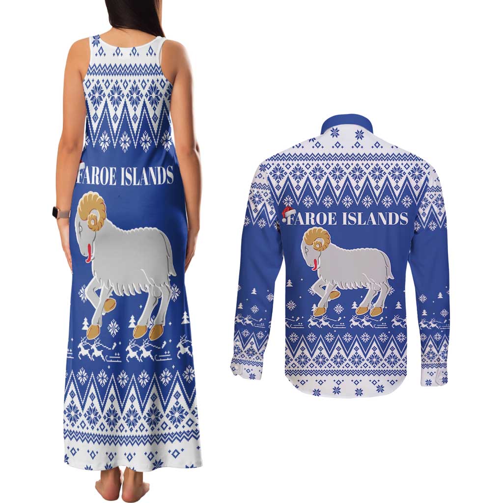 Faroe Islands Christmas Couples Matching Tank Maxi Dress and Long Sleeve Button Shirt Coat Of Arms Xmas Patterns - Wonder Print Shop