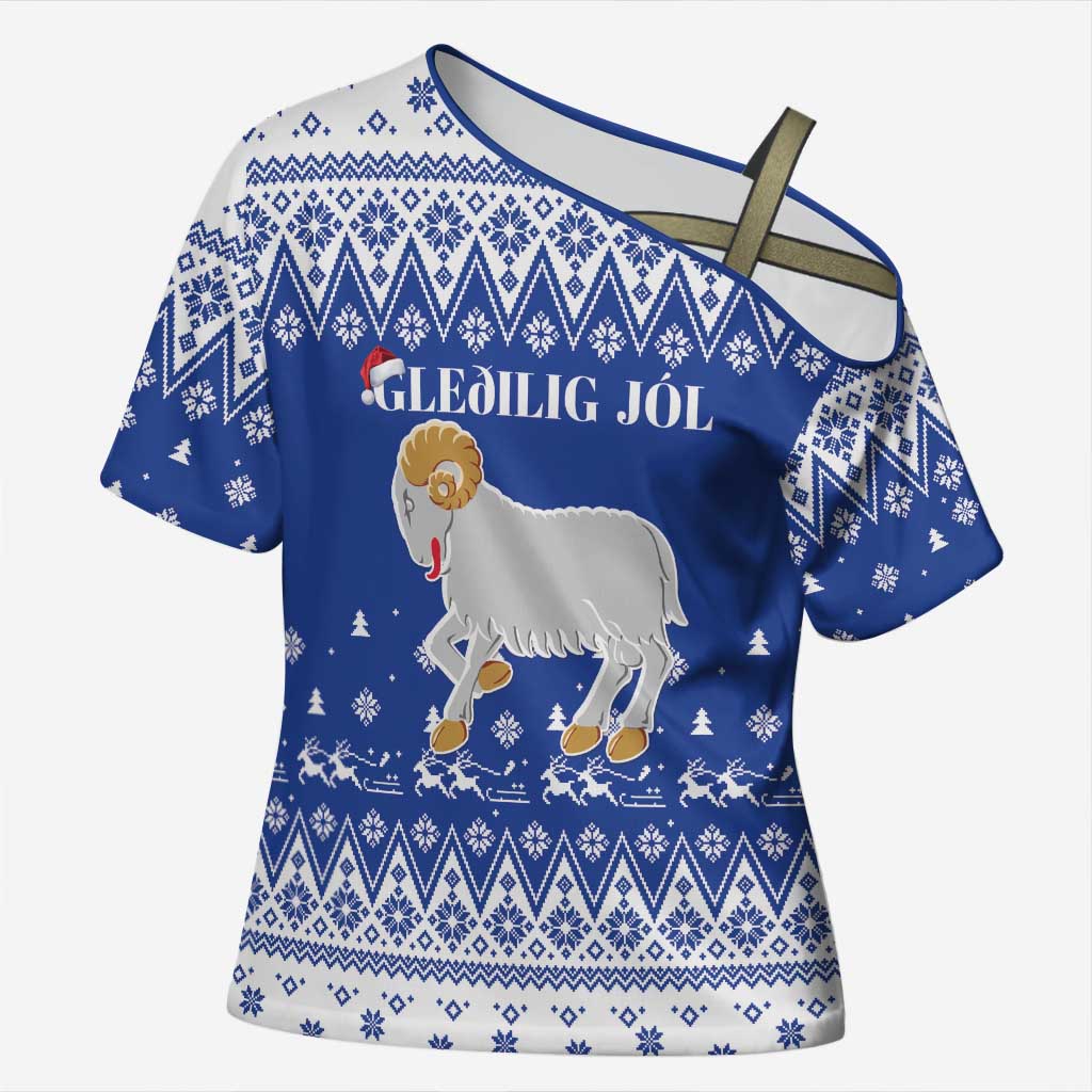 Faroe Islands Christmas Cross Shoulder Shirt Coat Of Arms Xmas Patterns - Wonder Print Shop