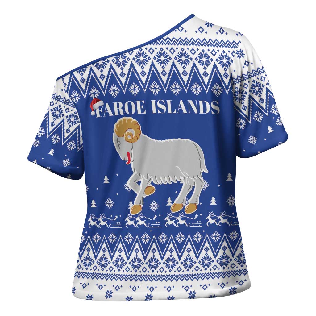 Faroe Islands Christmas Cross Shoulder Shirt Coat Of Arms Xmas Patterns - Wonder Print Shop