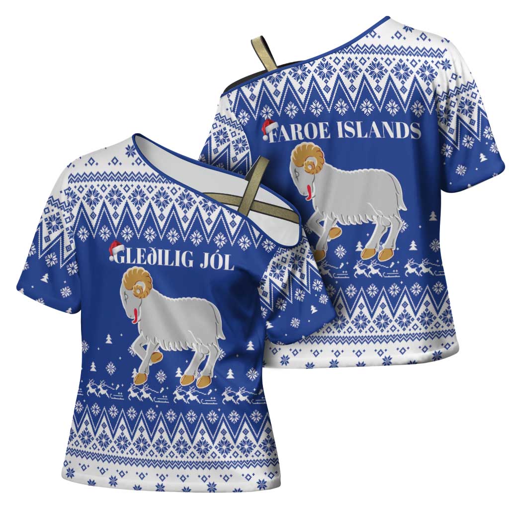 Faroe Islands Christmas Cross Shoulder Shirt Coat Of Arms Xmas Patterns - Wonder Print Shop