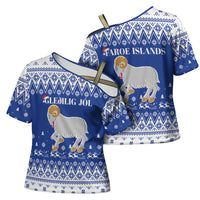 Faroe Islands Christmas Cross Shoulder Shirt Coat Of Arms Xmas Patterns - Wonder Print Shop