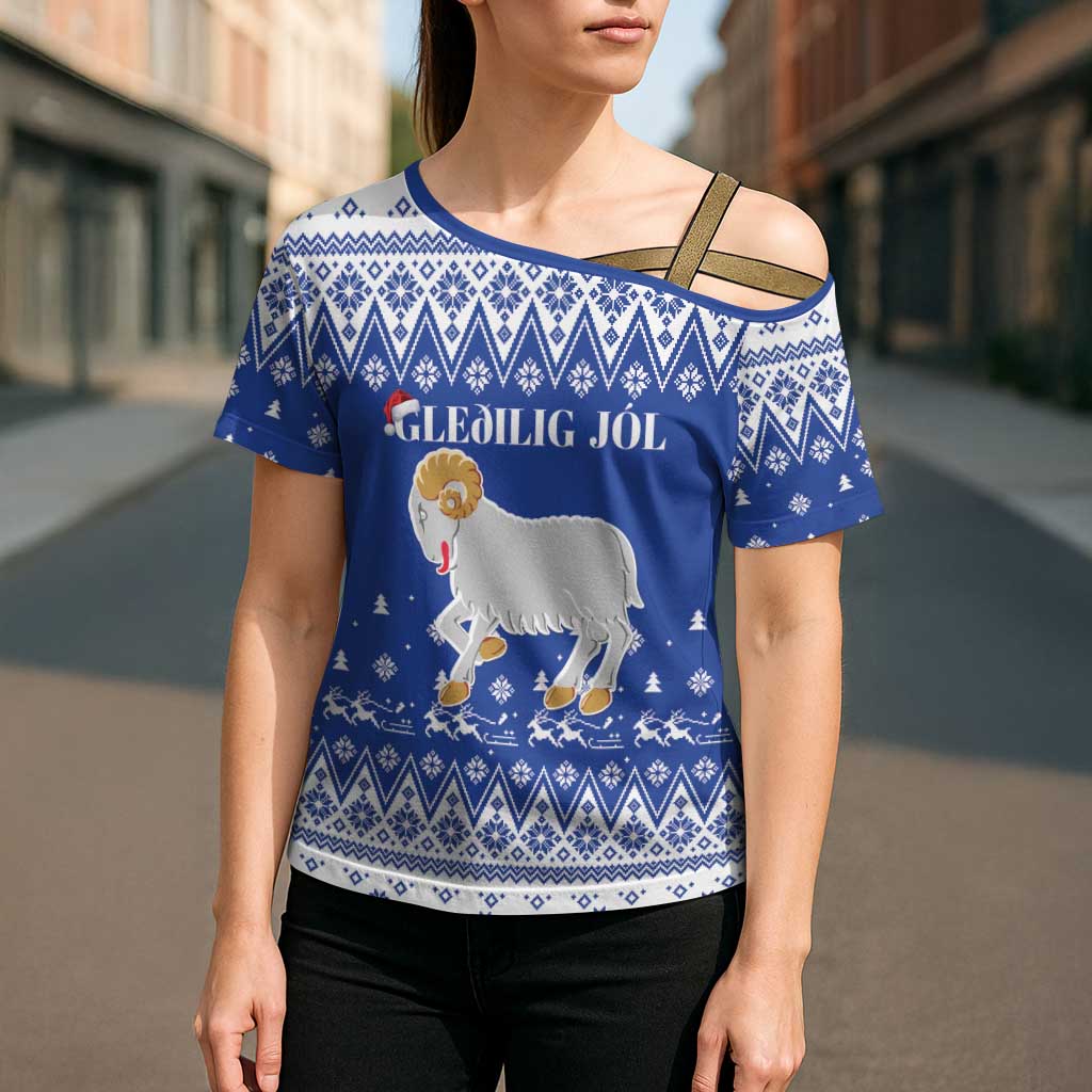 Faroe Islands Christmas Cross Shoulder Shirt Coat Of Arms Xmas Patterns - Wonder Print Shop