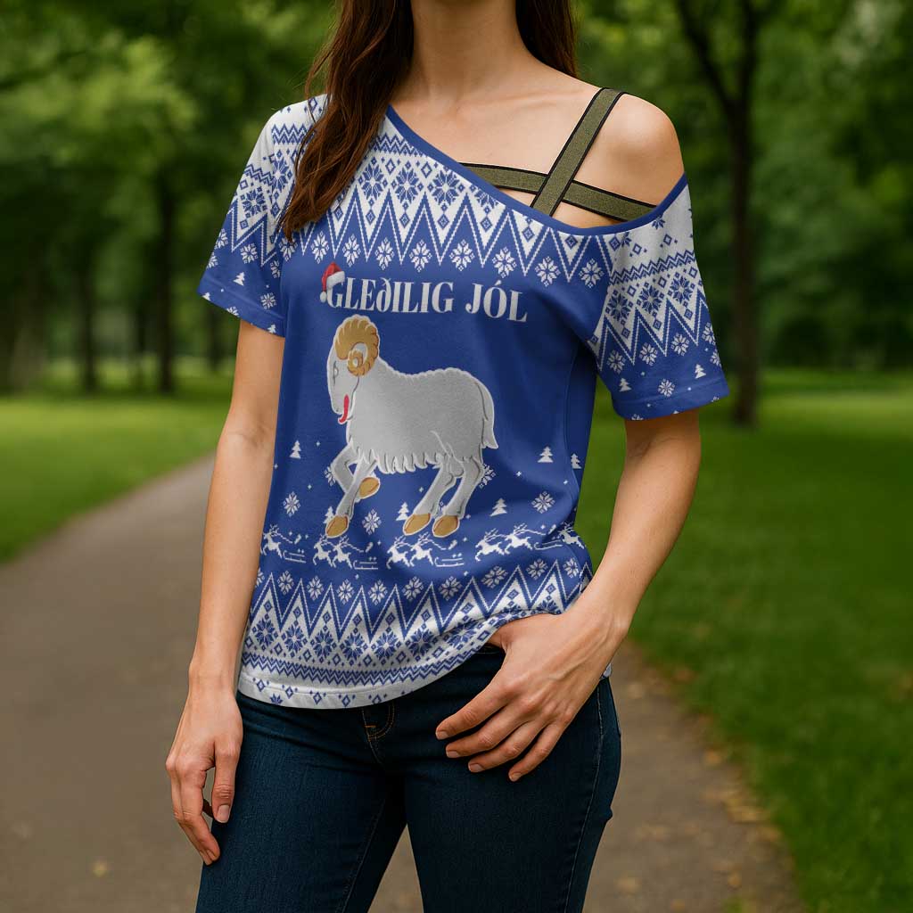 Faroe Islands Christmas Cross Shoulder Shirt Coat Of Arms Xmas Patterns - Wonder Print Shop