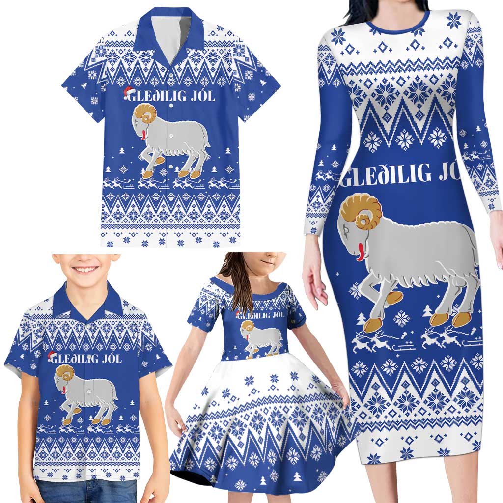 Faroe Islands Christmas Family Matching Long Sleeve Bodycon Dress and Hawaiian Shirt Coat Of Arms Xmas Patterns - Wonder Print Shop