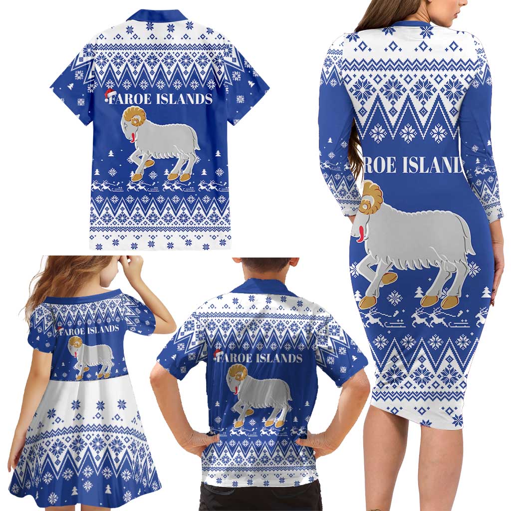 Faroe Islands Christmas Family Matching Long Sleeve Bodycon Dress and Hawaiian Shirt Coat Of Arms Xmas Patterns - Wonder Print Shop