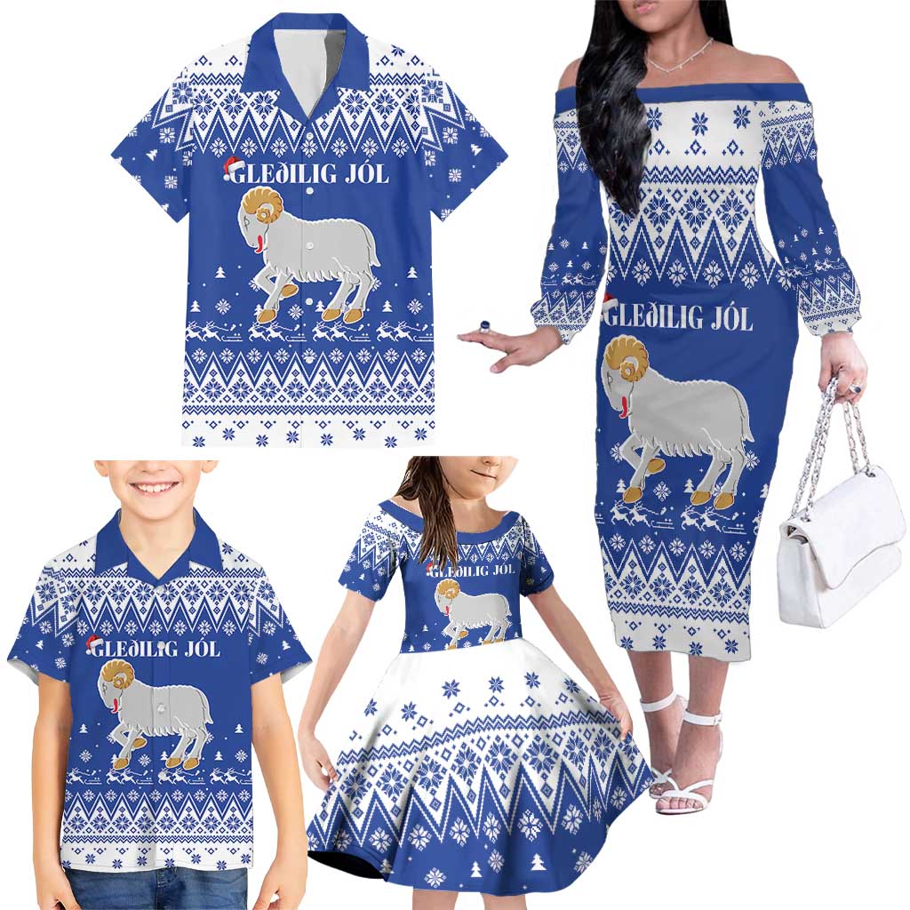 Faroe Islands Christmas Family Matching Off The Shoulder Long Sleeve Dress and Hawaiian Shirt Coat Of Arms Xmas Patterns - Wonder Print Shop