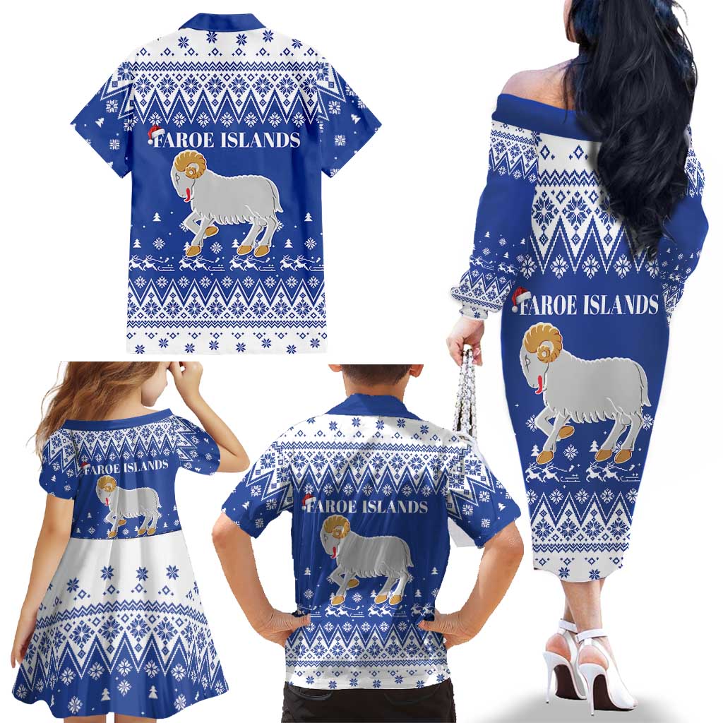 Faroe Islands Christmas Family Matching Off The Shoulder Long Sleeve Dress and Hawaiian Shirt Coat Of Arms Xmas Patterns - Wonder Print Shop