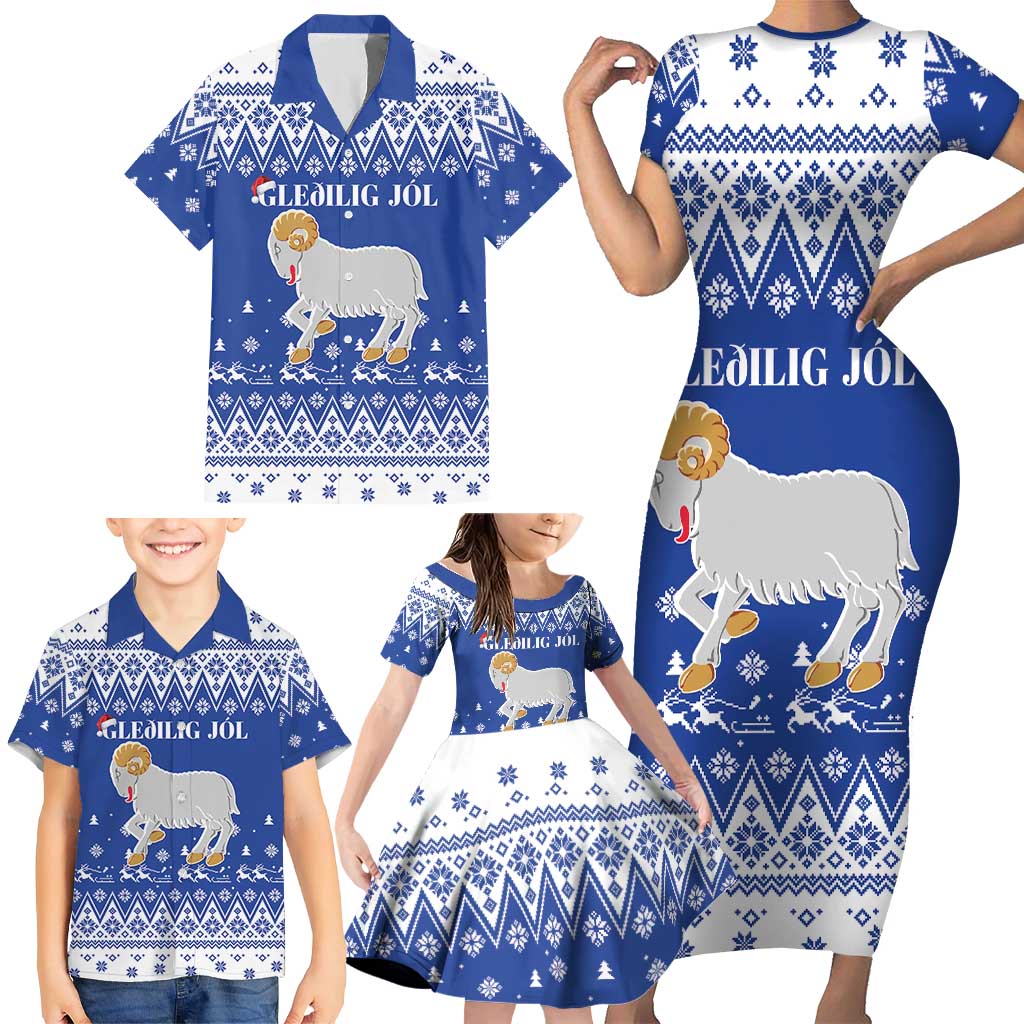 Faroe Islands Christmas Family Matching Short Sleeve Bodycon Dress and Hawaiian Shirt Coat Of Arms Xmas Patterns - Wonder Print Shop