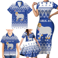 Faroe Islands Christmas Family Matching Short Sleeve Bodycon Dress and Hawaiian Shirt Coat Of Arms Xmas Patterns - Wonder Print Shop