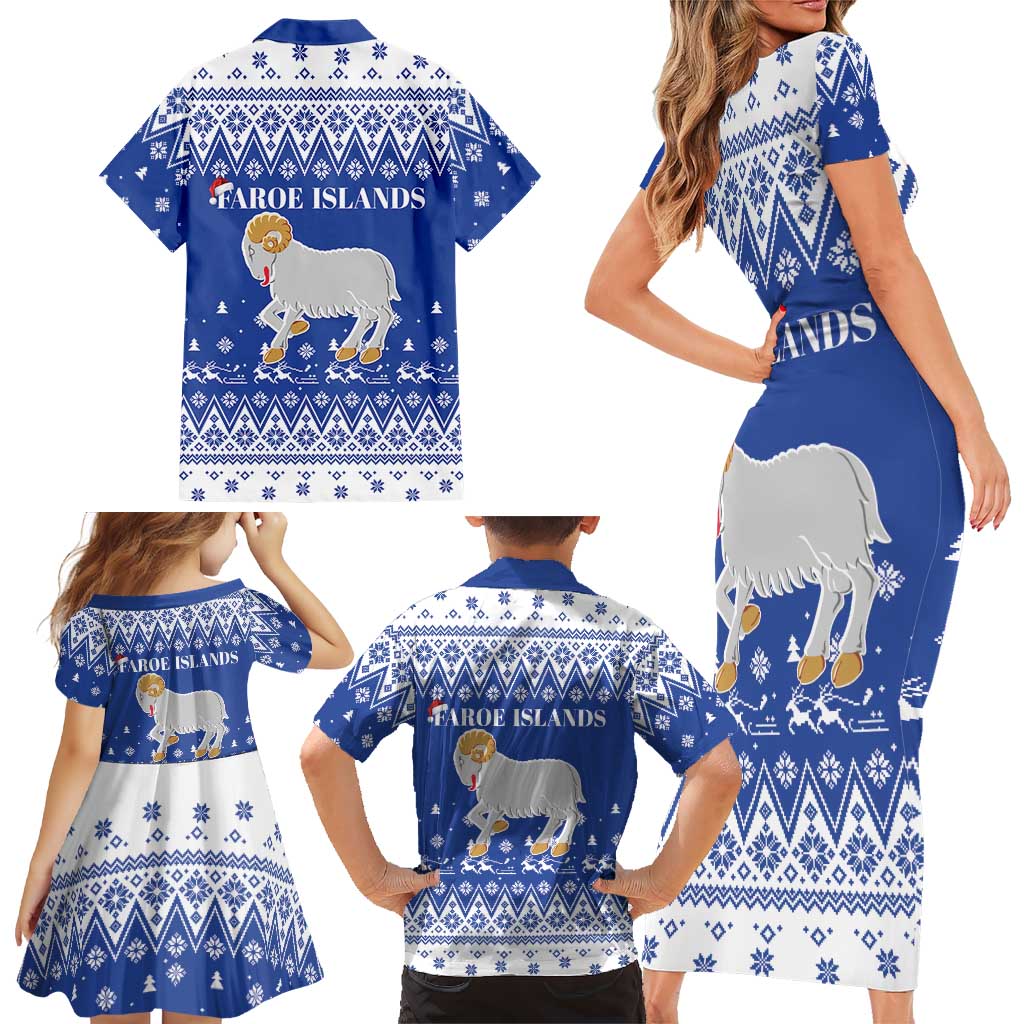 Faroe Islands Christmas Family Matching Short Sleeve Bodycon Dress and Hawaiian Shirt Coat Of Arms Xmas Patterns - Wonder Print Shop