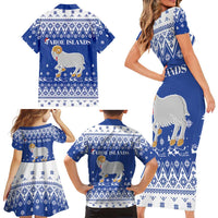 Faroe Islands Christmas Family Matching Short Sleeve Bodycon Dress and Hawaiian Shirt Coat Of Arms Xmas Patterns - Wonder Print Shop