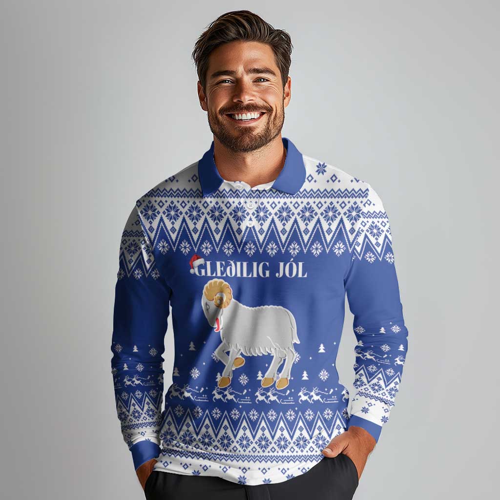 Faroe Islands Christmas Long Sleeve Polo Shirt Coat Of Arms Xmas Patterns - Wonder Print Shop