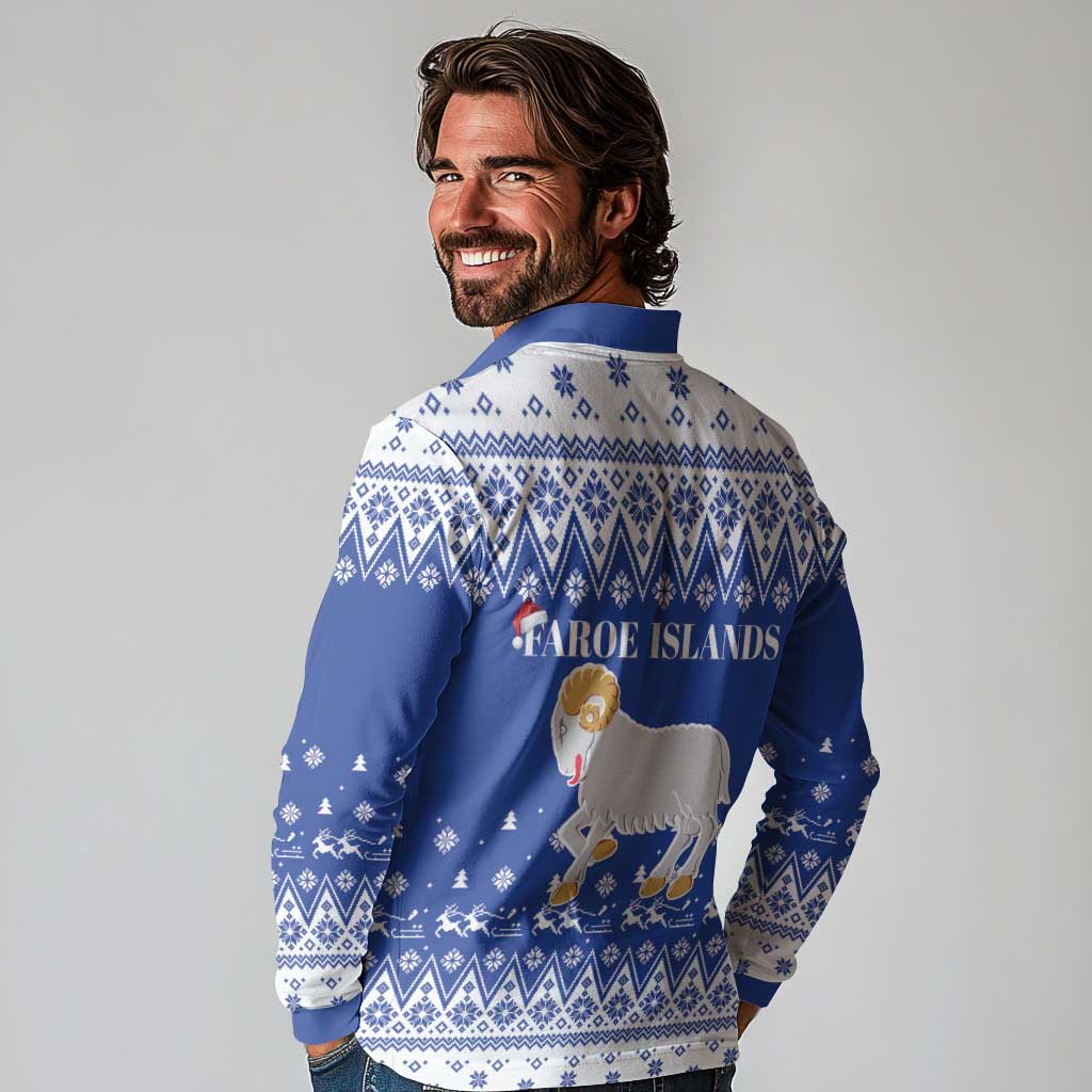 Faroe Islands Christmas Long Sleeve Polo Shirt Coat Of Arms Xmas Patterns - Wonder Print Shop