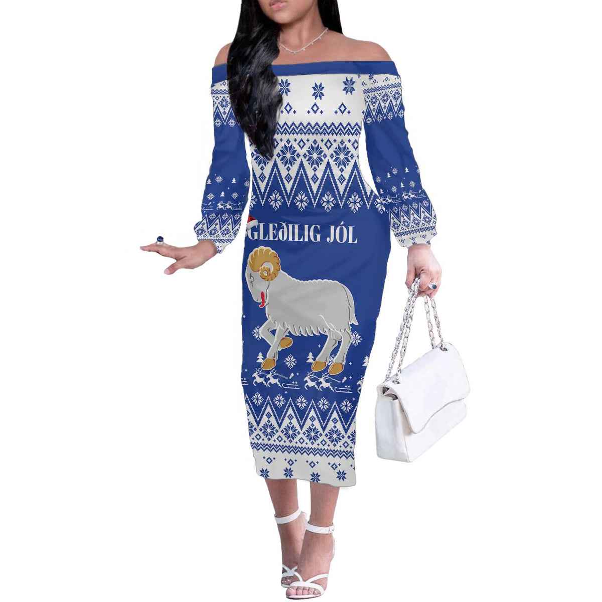 Faroe Islands Christmas Off The Shoulder Long Sleeve Dress Coat Of Arms Xmas Patterns - Wonder Print Shop