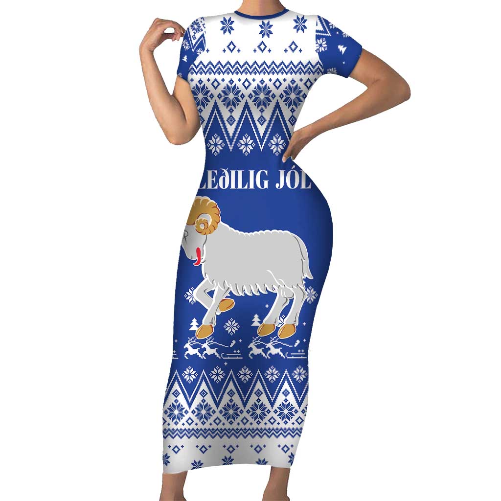 Faroe Islands Christmas Short Sleeve Bodycon Dress Coat Of Arms Xmas Patterns - Wonder Print Shop