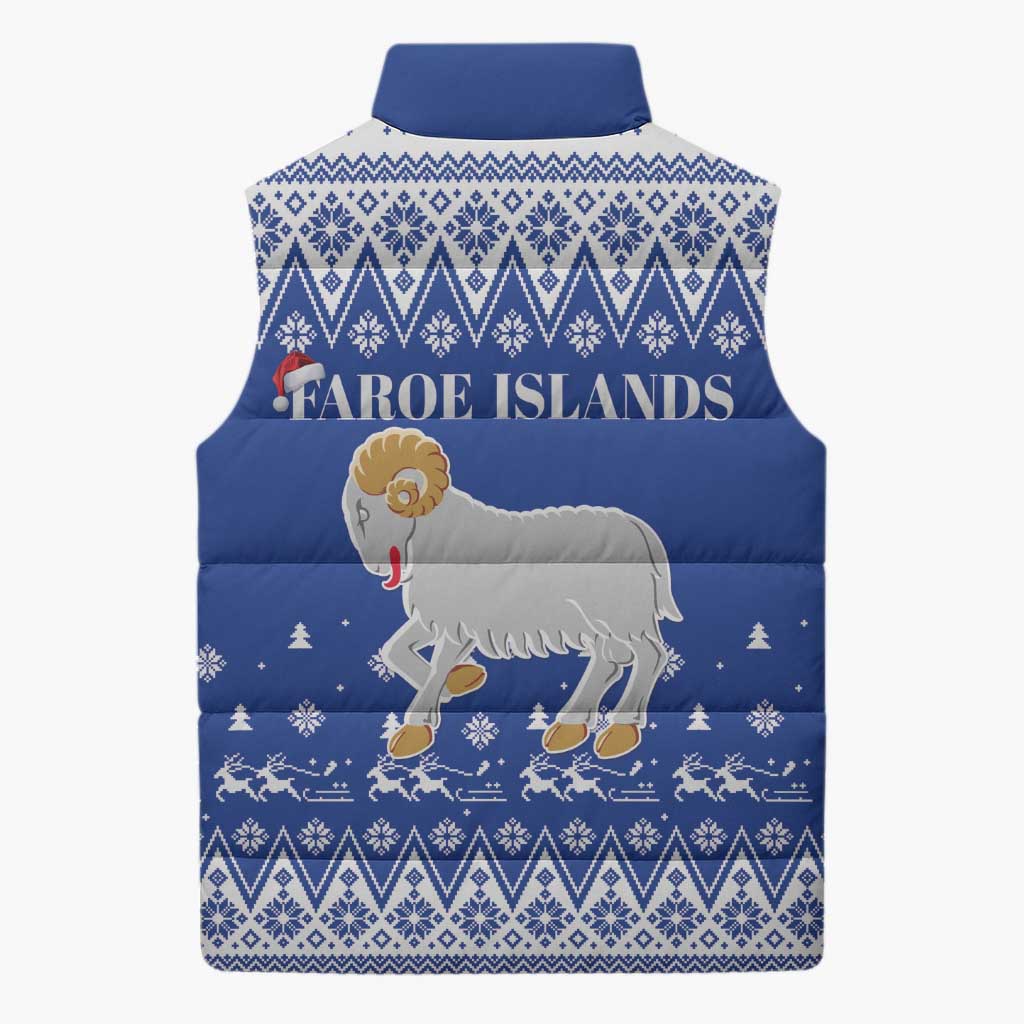 Faroe Islands Christmas Sleeveless Puffer Jacket Coat Of Arms Xmas Patterns - Wonder Print Shop