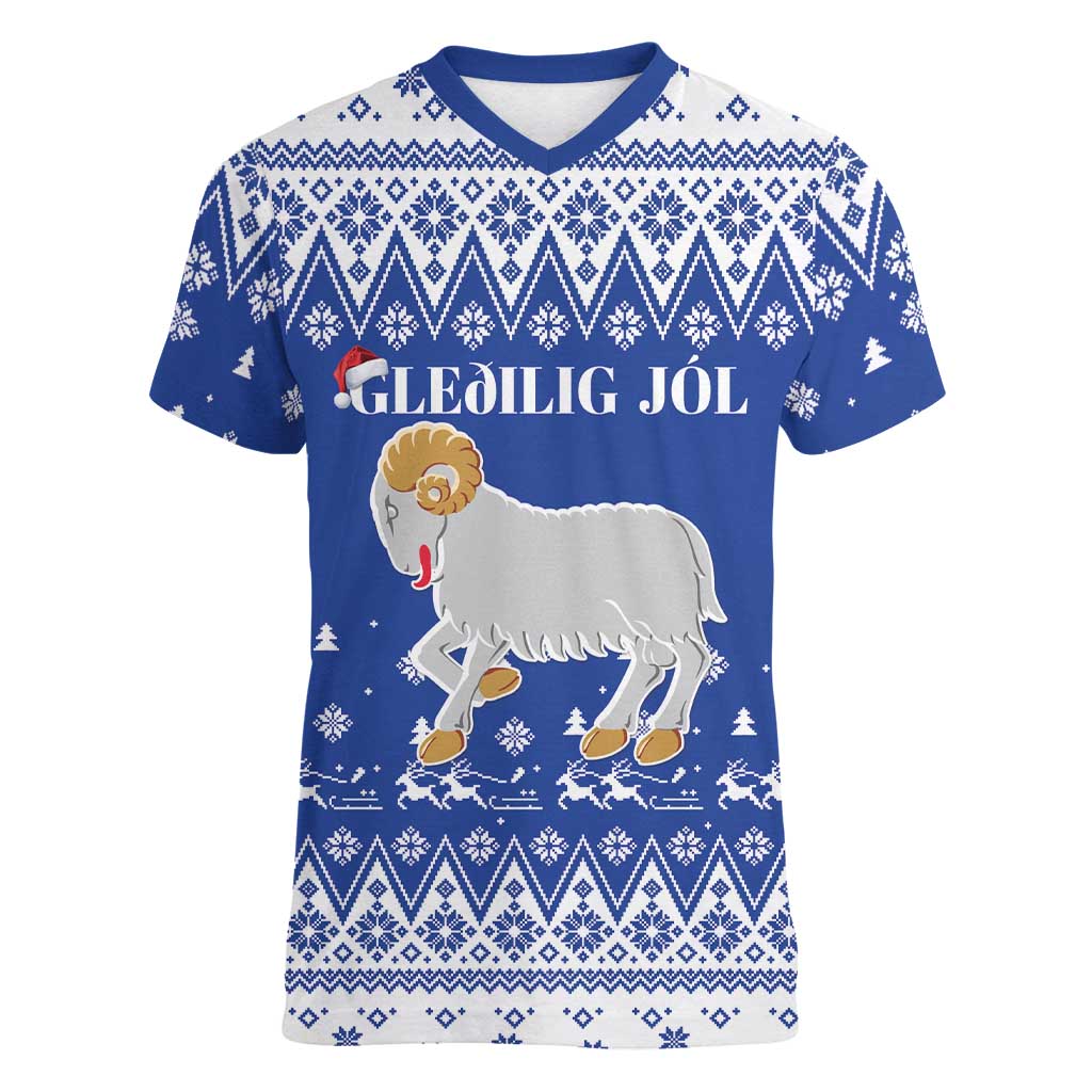 Faroe Islands Christmas Women V-Neck T-Shirt Coat Of Arms Xmas Patterns - Wonder Print Shop