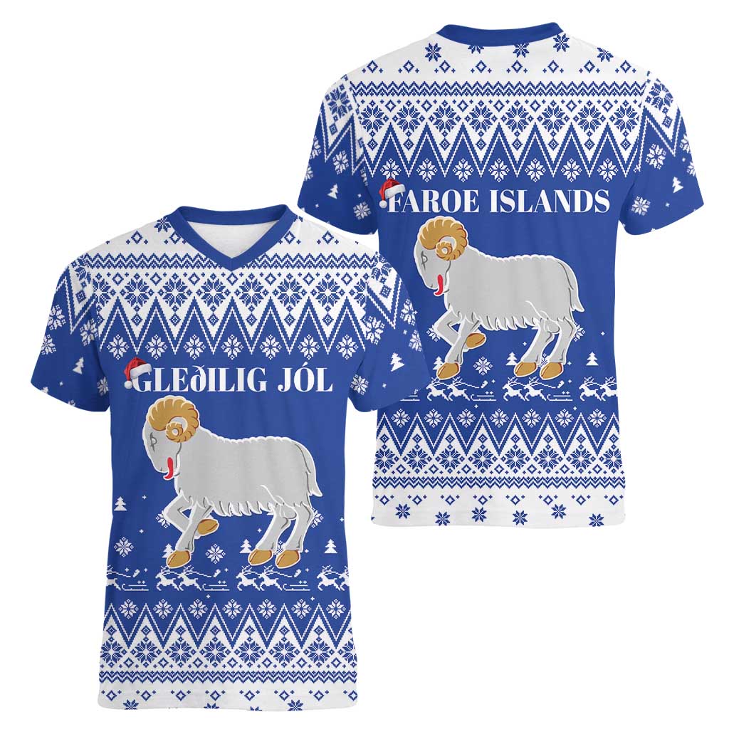 Faroe Islands Christmas Women V-Neck T-Shirt Coat Of Arms Xmas Patterns - Wonder Print Shop