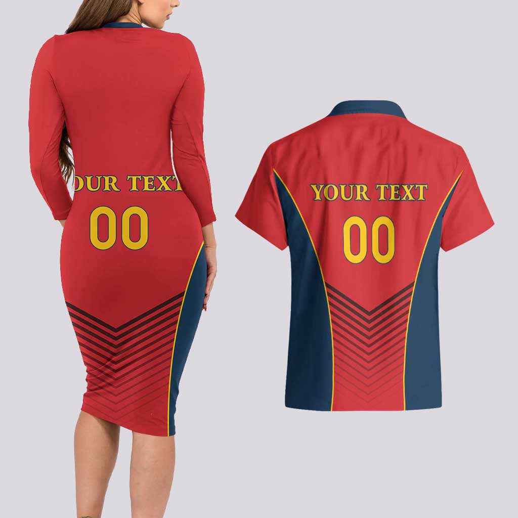 Custom Spain Rugby Couples Matching Long Sleeve Bodycon Dress and Hawaiian Shirt Los Leones Lion Mascot